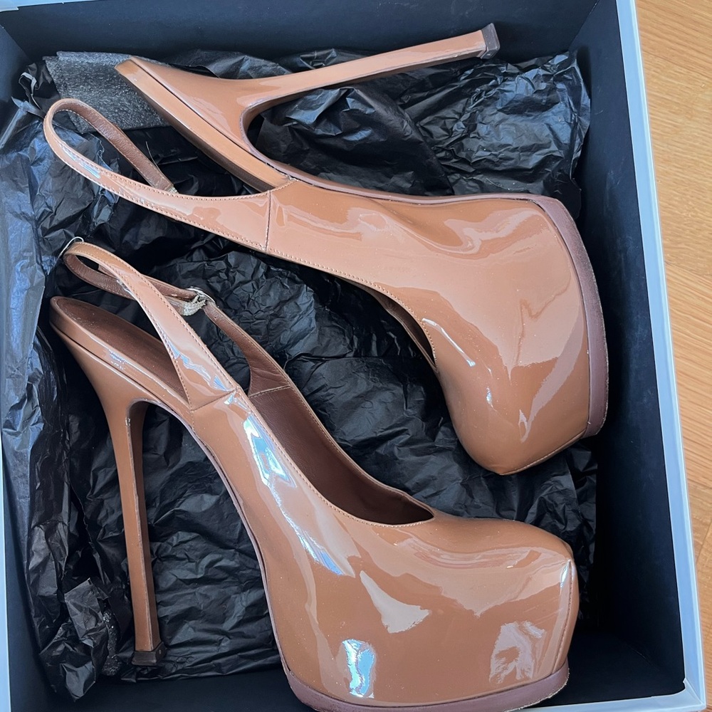 Yves Saint Laurent Tan Slingback Stiletto Heels with Platform - Tribtoo 105 - 41 - Picture 3 of 6